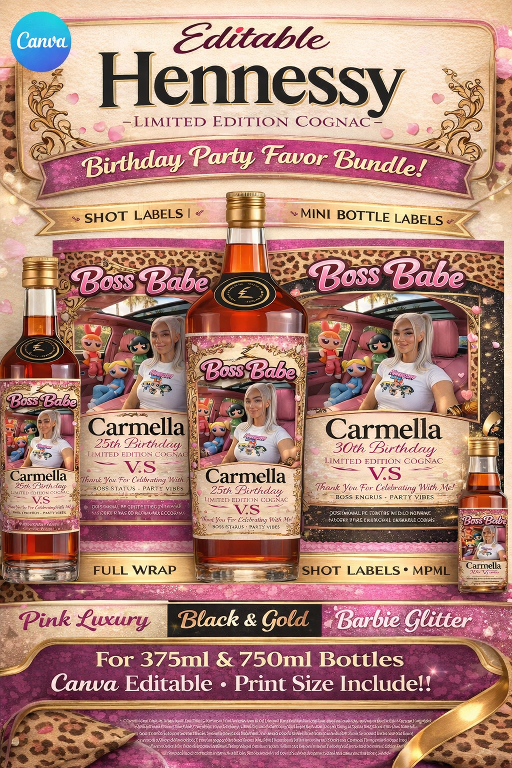 Editable Boss Babe Birthday Bottle Label Template – Pink Luxury Adult Party Favor Canva Template